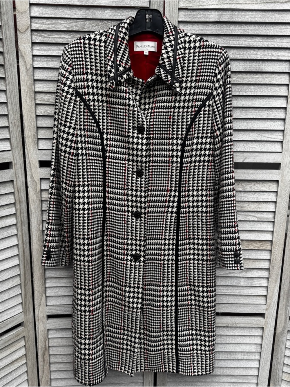 Renee DuMarr Vintage Houndstooth Coat Wool Mohair Leather Trim Red Lined Sz 14